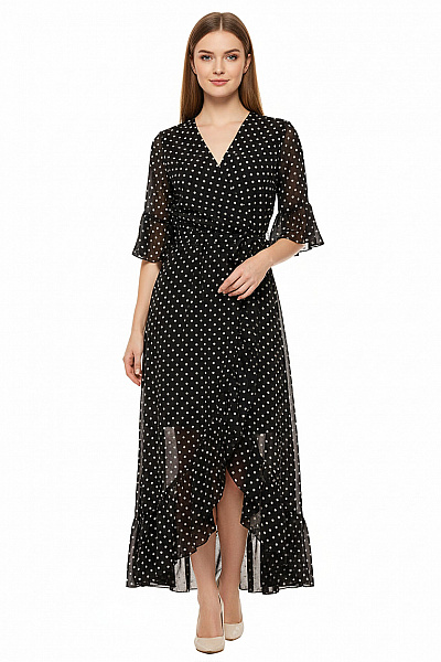 Dámské černé Puntíkované šifonové Zavinovací Letní šaty Midi Velikost S