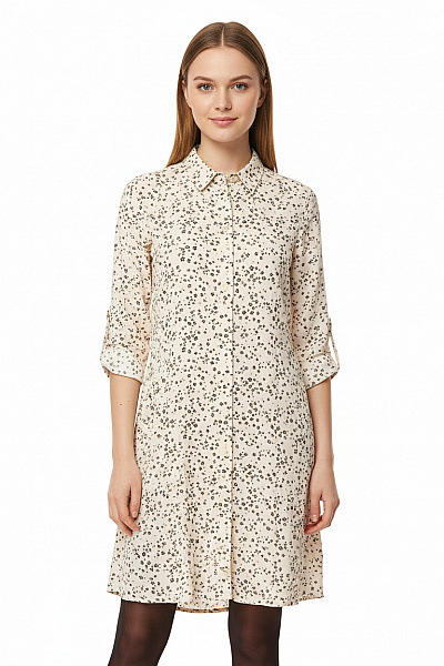 Dámské Béžové šaty Košilové Mini Květované S Dlouhým Rukávem Vel. EU 38