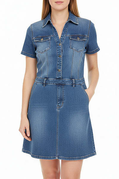 Dámské Džínové šaty Krátký Rukáv Mini S Kapsami Propínací Velikost L