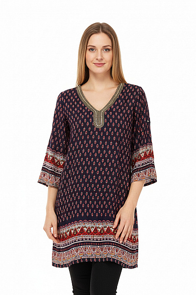 COLLOSEUM Viskózová Tuniková Halenka Tmavě Modrá Etno Vzorovaná S 3/4 Rukávem Vel. L