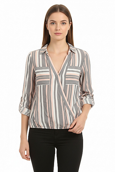 F&F Dámská Zavinovací Pruhovaná Halenka S Dlouhým Rukávem A Kapsami Velikost 36