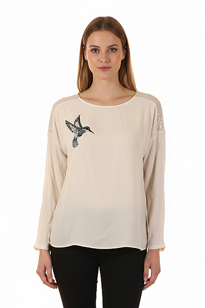 Orsay Dámská Krémová Halenka Dlouhý Rukáv Flitry Pták Volná Elegantní Vel. M