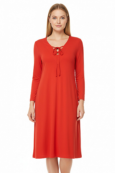 F&F Červené Viskózové šaty Tunikové Volné S Dlouhým Rukávem Krajkové Na Denní Nošení Vel. 40
