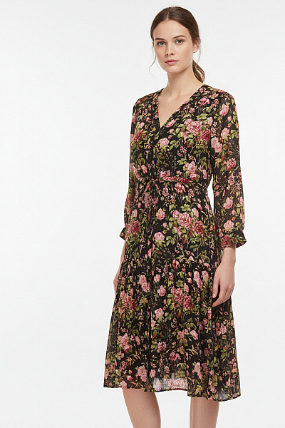 Reserved Černé Květované šaty Midi S Dlouhým Rukávem A Páskem Vel. 36