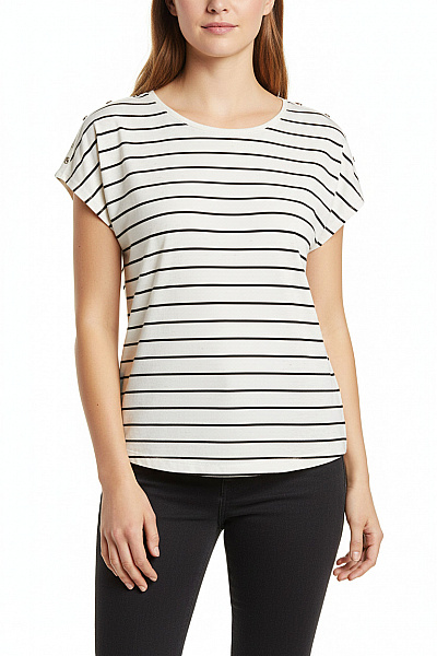 Dámská Pruhovaná Halenka Krémová S Krátkým Rukávem Volná Vel. L