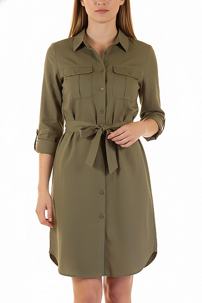 Janina Khaki Košilové šaty S Páskem A Dlouhým Rukávem Safari Denní Velikost EU 38
