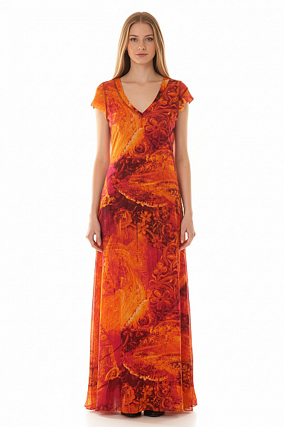 Dámské Dlouhé Letní šaty S Květinovým Potiskem Oranžové Vel. XS