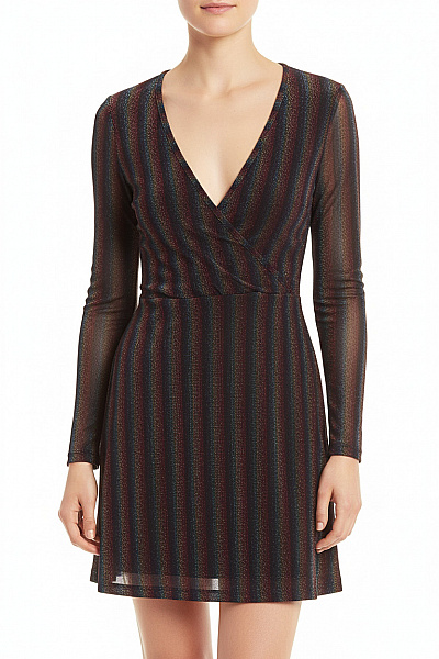 Dámské Mini šaty Zavinovací S Dlouhým Rukávem Třpytivé Pruhy Na Párty Vel. XS