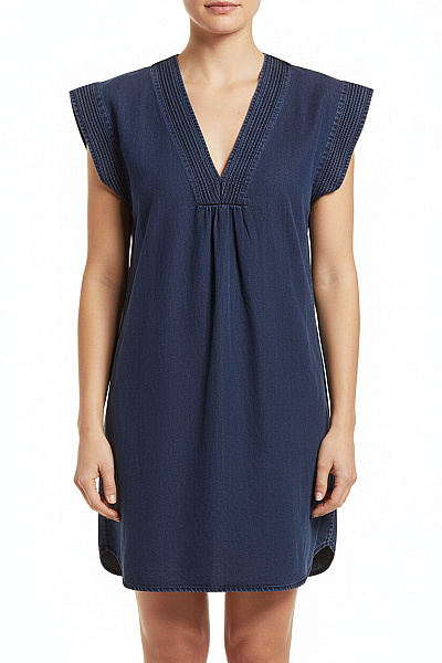 HM  Dámské Modré Džínové Tunikové šaty S V Výstřihem A Plisováním Vel. 36