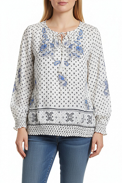 YESSICA Dámská Bílá Halenka S Modrým Etno Potiskem A Dlouhým Rukávem Vel. XXL