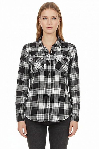 BONPRIX Dámská Bavlněná Kostkovaná Košile S Dlouhým Rukávem černobílá Ležérní Westernová Velikost EU 42