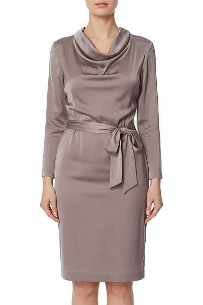 HM  Dámské Polyesterové Šaty Midi S Dlouhým Rukávem Elegantní S Páskem Jednobarevné Saténové Velikost 32