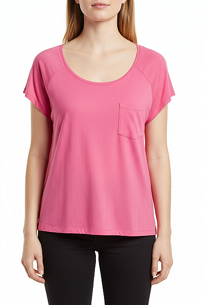HM  Dámské Růžové Tričko Krátký Rukáv Basic S Kapesní Kulatý Výstřih Velikost M