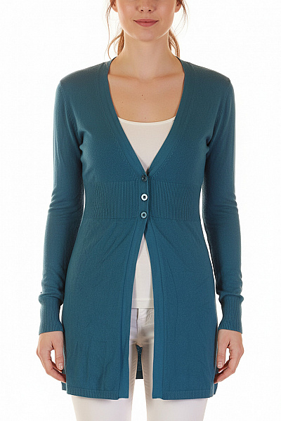 Dámský Prodloužený Kardigan Teal žebrovaný Propínací S Výstřihem Do V Velikost L/XL