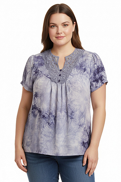 Dámská Modrá Tie-dye Halenka S Krátkým Rukávem A Krajkou Vel. XL