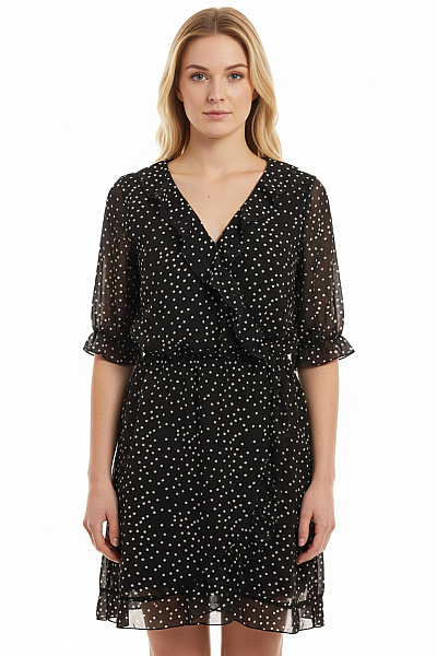GATE Černé Puntíkované šaty Zavinovací šifonové S Krátkým Rukávem Velikost 34