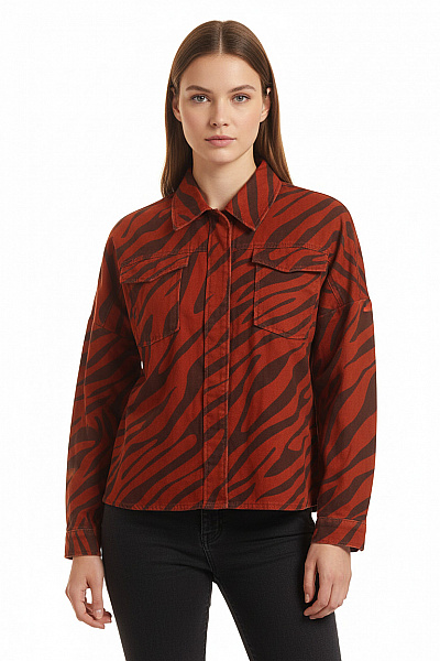 ZARA Dámská Přechodová Košilová Bunda Oranžová Hnědá Zvířecí Vzorovaná Moderní Vel. XS