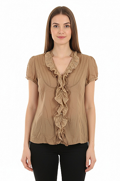 Esprit Bavlněná Hnědá Halenka Volánky Krátký Rukáv Romantická Elegantní Vel. 40