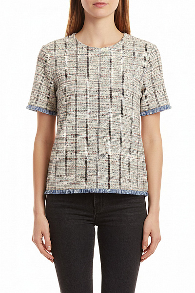 Esprit Dámská Pletená Halenka Kostkovaná Béžová Modrá S Krátkým Rukávem Vel. DE XS