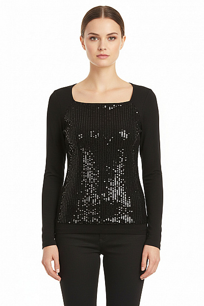 APRIORI Dámská černá Halenka S Flitry A Dlouhým Rukávem Elegantní Velikost 36