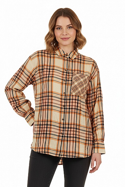 Topshop Dámská Kostkovaná Košile S Dlouhým Rukávem Oranžová Béžová Vel. 36/38