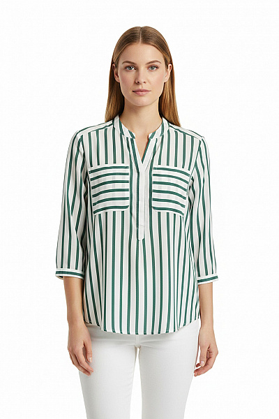 VERO MODA Dámská Pruhovaná Halenka Se Stojáčkem A Kapsami Zelená Vel. S