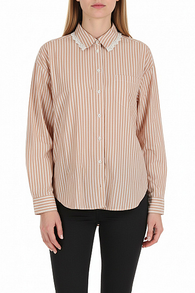 Monki Dámská Bavlněná Košile S Dlouhým Rukávem A Krajkou Béžová Pruhovaná Ležérní Vel. XS