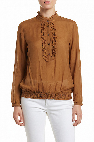 S.OLIVER Hnědá Dámská Halenka S Volánky A Gumou V Pase Dlouhý Rukáv Vel. 40