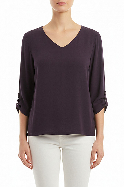 Soft Rebels Viskózová Fialová Jednobarevná Volná Halenka S 3/4 Rukávem A Výstřihem Do V Vel. XL