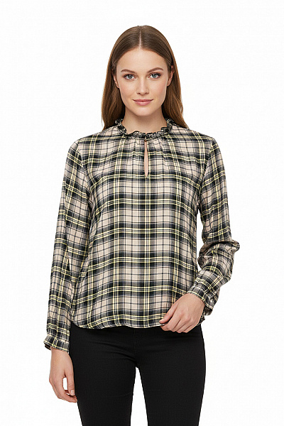 Marc O´Polo Dámská Viskózová Kostkovaná Halenka S Dlouhým Rukávem Volná Béžová Zelená Vel. 38