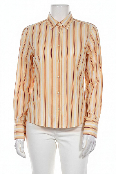 ITALY Dámská Bavlněná Košile Dlouhý Rukáv Oranžová žlutá Pruhovaná Vypasovaná Vel. L