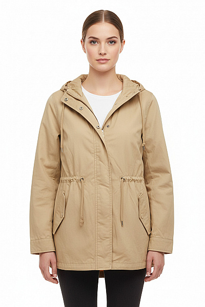 Dámská Bavlněná Přechodová Parka S Kapucí Béžová Stahovací Stylová Lehká Velikost S