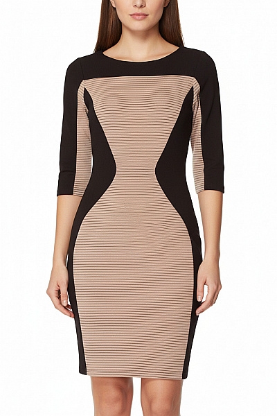 Closet Černé Béžové Pouzdrové šaty S 3/4 Rukávem žebrované Upnuté Elegantní Vel. 8