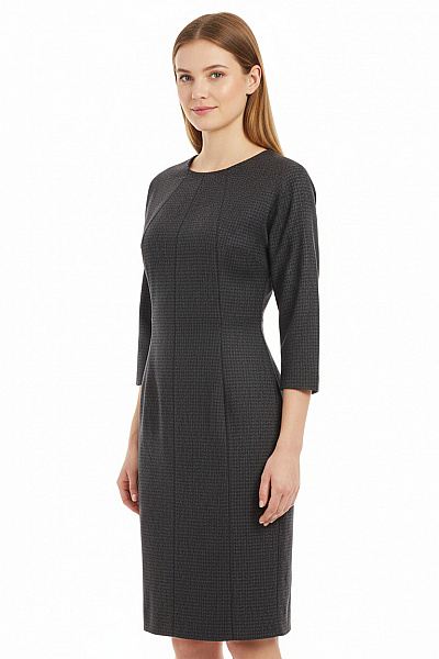 MANGO Šedé Tmavé Kostkované Pouzdrové šaty S Dlouhým Rukávem Elegantní Business Vel. M