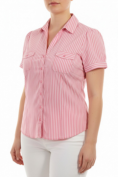Marks & Spencer Dámská Bavlněná Růžová Bílá Pruhovaná Košile Krátký Rukáv Vel. UK 20