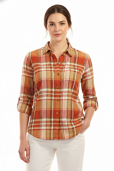 BONITA Dámská Viskózová Kostkovaná Košile Oranžová Béžová Ležérní Regular Fit Vel. L