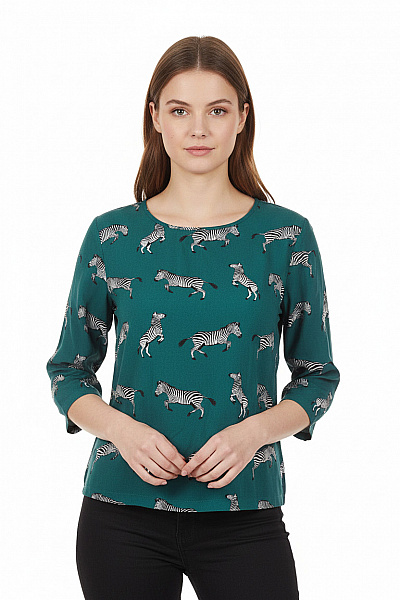 Sugarhill Zelená Halenka Se Zebrami 3/4 Rukáv Volná Vzorovaná Vel. 38