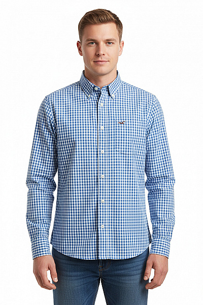 Hollister Pánská Bavlněná Modrá Bílá Kostkovaná Košile S Dlouhým Rukávem Ležérní Vel. M