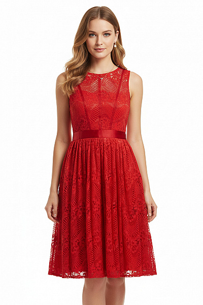 Little Mistress červené Krajkové Koktejlové šaty Midi Vel. 38