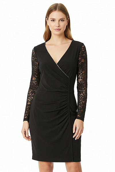 MORGAN Černé Upnuté Koktejlové šaty S Krajkovým Rukávem A Zavinovacím Střihem Vel. S