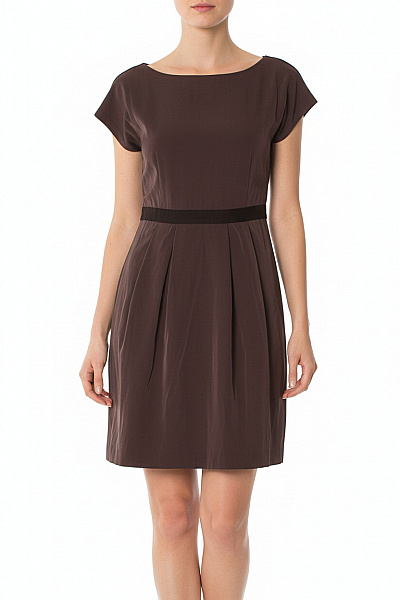 Sandro Hnědé Krátký Rukáv šaty S Páskem Elegantní Jednoduché Ke Kolenům Vel. 2