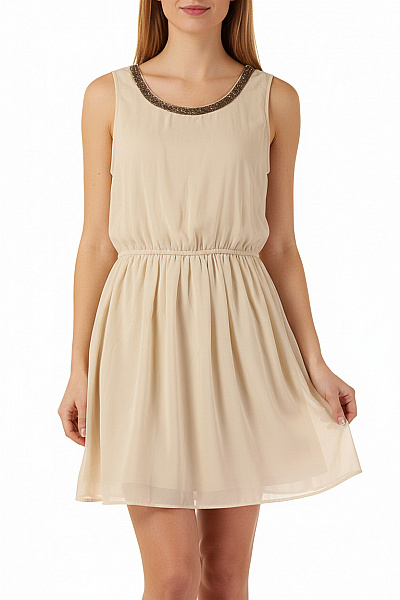 ONLY Béžové šaty Bez Rukávů S Korálkovým Výstřihem Volné Mini Vel. 42