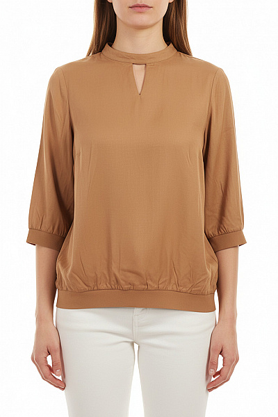 MADELEINE Hnědá Viskózová Halenka Volná S Krátkým Rukávem A Výstřihem Vel. 46