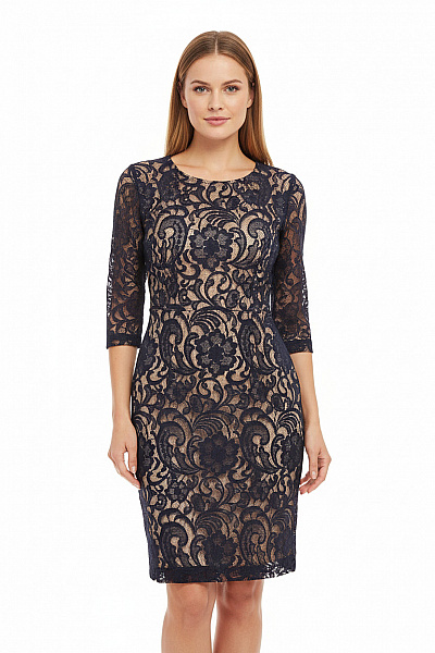 InWear Dámské Pouzdrové šaty Krajkové Tmavě Modré S Béžovou Podšívkou Elegantní Vel. 36