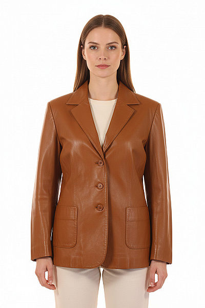 TAIFUN Dámské Hnědé Kožené Sako Elegantní Jednořadé Na Běžné Nošení Vypasované Vel. DE 40