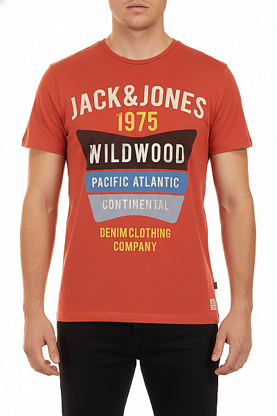 JACK & JONES Pánské Bavlněné červené Tričko S Krátkým Rukávem A Nápisem Wildwood Velikost M