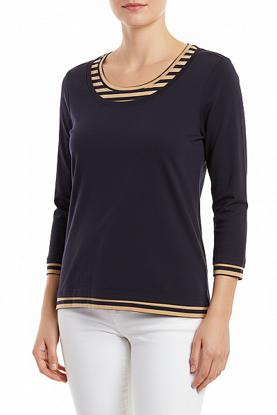 Sheego Dámské Tričko Tmavě Modré Pruhované Béžové Dlouhý Rukáv Basic Vel. EU 44/46