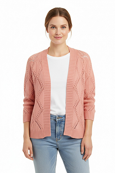 VILA Dámský Růžový Pletený Kardigan Vzorovaný Ažurový žebrovaný Lehký Velikost L