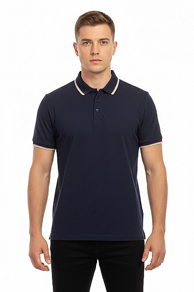 LAWRENCE GREY Pánské Tmavě Modré Polo Tričko S Krátkým Rukávem A Zdobeným Lemem Vel. L