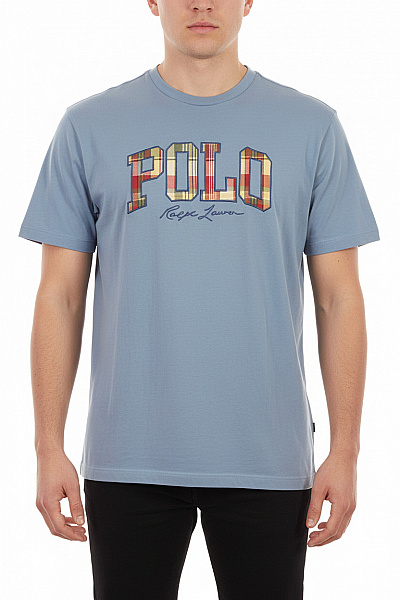 Ralph Lauren Pánské Modré Tričko S Krátkým Rukávem A Kostkovaným Nápisem Velikost XL